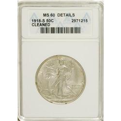 1918-S 50C --Cleaned--ANACS. MS60 Details. NGC Cens