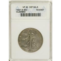 1921-S 50C --Cleaned--ANACS. VF20 Details. NGC Cens