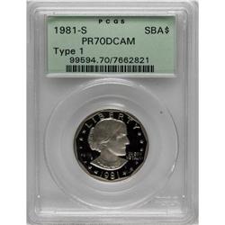 1981-S SBA$ Type One PR70 Deep Cameo PCGS. PCGS Po