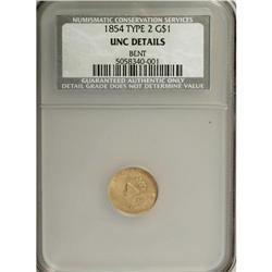 1854 G$1 Type Two--Bent--NCS. Unc Details. NGC Cen