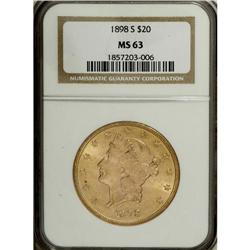 1898-S $20 MS63 NGC. NGC Census: (2862/958). PCGS