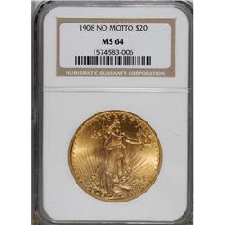 1908 $20 No Motto MS64 NGC. NGC Census: (55218/346