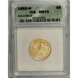 1992-W G$5 Columbus Gold Five Dollar MS70 ICG. NGC
