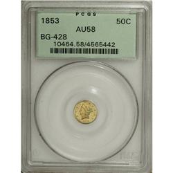 1853 50C Liberty Round 50 Cents, BG-428, R.3, AU58 P
