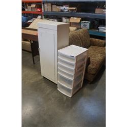 WHITE WOOD CABINET AND ORGANIZER WITH CONTENTS