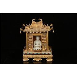 Gilt Bronze Pagoda and Hetian Jade Gautama Buddha