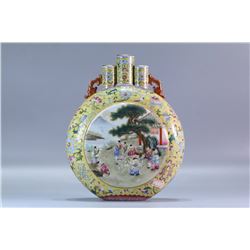 Guan Kiln Yellow Glazed Famille Rose Landscape and Figure Moon Flask Vase, Qianlong-Nianzhi Mark