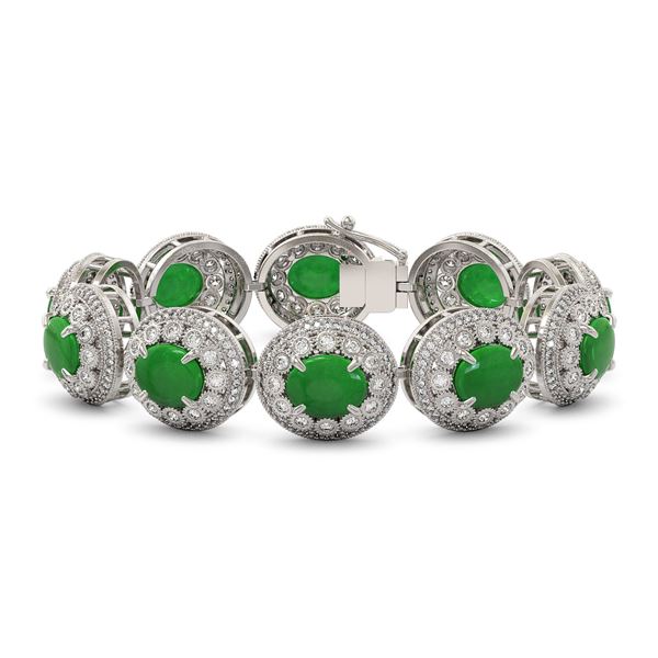 44.77 ctw Jade & Diamond Victorian Bracelet 14K White Gold - REF-1184R2K