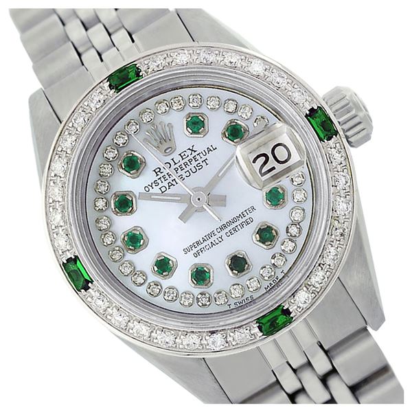 Rolex Ladies Stainless Steel, Diam/Emerald Dial & Diam/Emerald Bezel, Sapphire Crystal - REF-434M3F