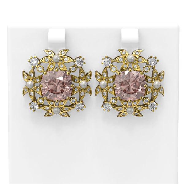 10.93 ctw Morganite & Diamond with Pearl Earrings 18K Yellow Gold - REF-525R5K