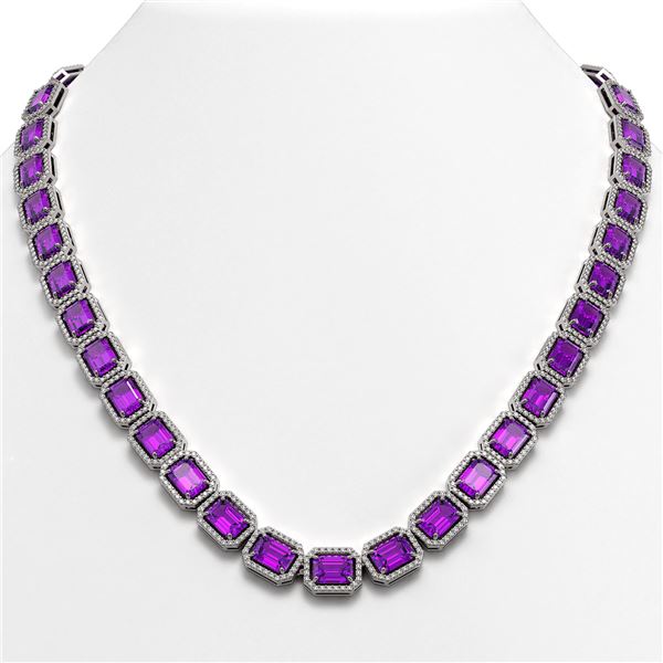 50.99 ctw Amethyst & Diamond Micro Pave Halo Necklace 10k White Gold - REF-677F6M