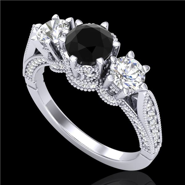 2.18 ctw Fancy Black Diamond Art Deco 3 Stone Ring 18k White Gold - REF-200K2Y