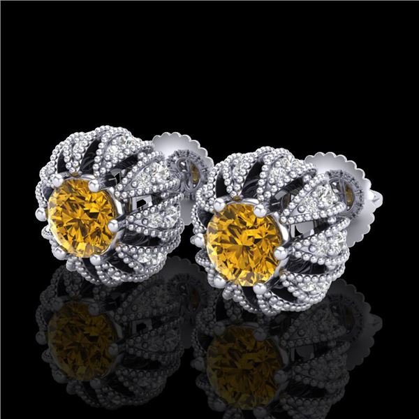 2.01 ctw Intense Fancy Yellow Diamond Art Deco Earrings 18k White Gold - REF-210X9A