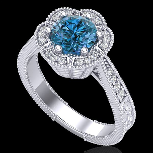 1.33 ctw Fancy Intense Blue Diamond Art Deco Ring 18k White Gold - REF-227W3H