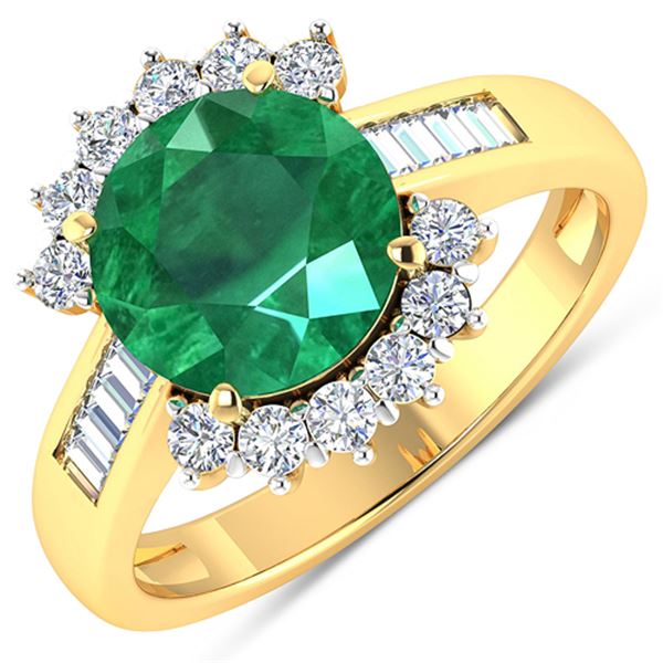 Natural 3.18 CTW Zambian Emerald & Diamond Ring 14K Yellow Gold - REF-157N7R