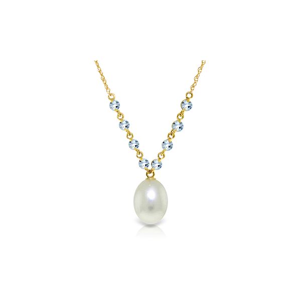 Genuine 5 ctw Pearl & Aquamarine Necklace 14KT Yellow Gold - REF-26X9M