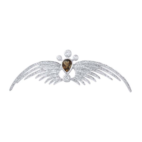 Natural 4.21 CTW Smoky Topaz & Diamond Brooch 18K White Gold - REF-261W2H
