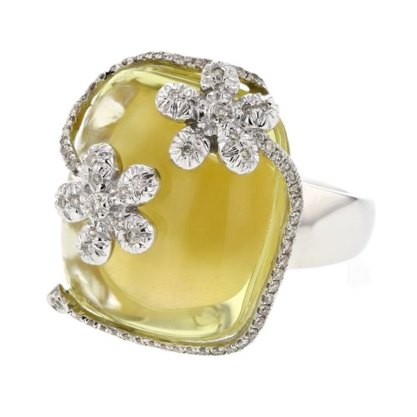 Natural 28.26 CTW Quartz & Diamond Ring 14K White Gold - REF-117N9Y