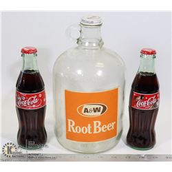 OLD A&W GLASS JUG & 2 FULL VINTAGE COCA COLA CLASS