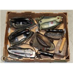 TRAY OF VINTAGE IRONS
