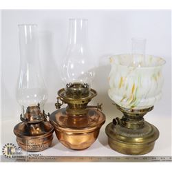 LOT OF 3 OIL LAMPS, 2 MISSING GLASS