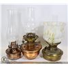 Image 1 : LOT OF 3 OIL LAMPS, 2 MISSING GLASS
