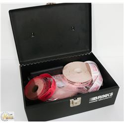 METAL CASH BOX AND CONTENTS -UNUSED TICKETS/STAMP