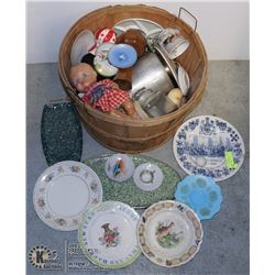 WOODEN BASKET FULL OF COLLECTIBLES