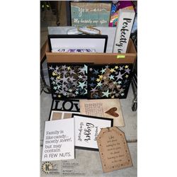 LARGE BOX W/COLLECTION OF PICTURES, PLAQUES,
