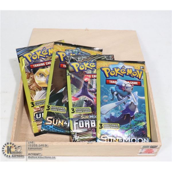 CIGAR BOX /W 4 SEALED 3 CARD POKEMON BOOSTER PACKS.