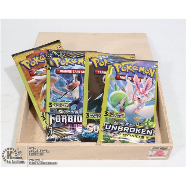 CIGAR BOX /W 4 SEALED 3 CARD POKEMON BOOSTER PACKS.