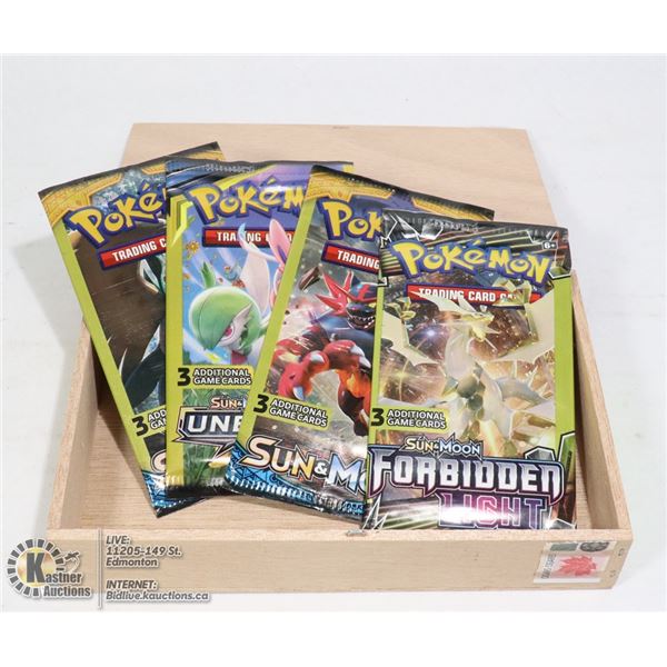 CIGAR BOX /W 4 SEALED 3 CARD POKEMON BOOSTER PACKS.