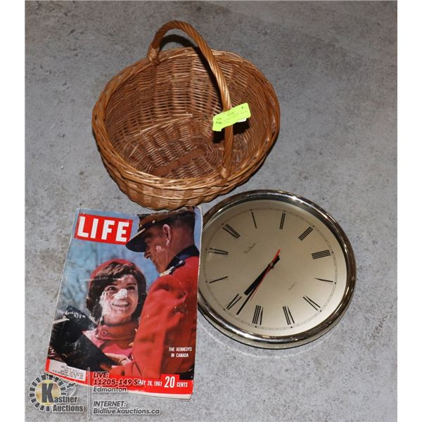 WICKER BASKET, 1961 LIFE MAG & WALL CLOCK