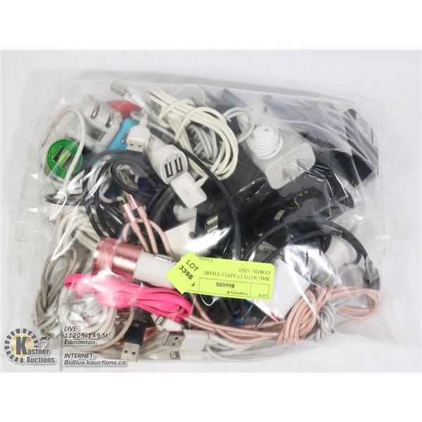 BAG WITH 17 APPLE CHARGER CORDS, AND