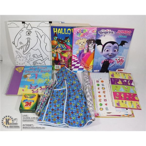 KID'S LOT-COLORING SHEETS/BOOKS, CRAYONS, STICKERS