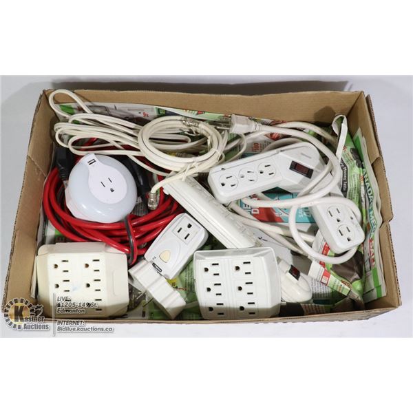 LARGE FLAT OF CORDS, POWER BARS,