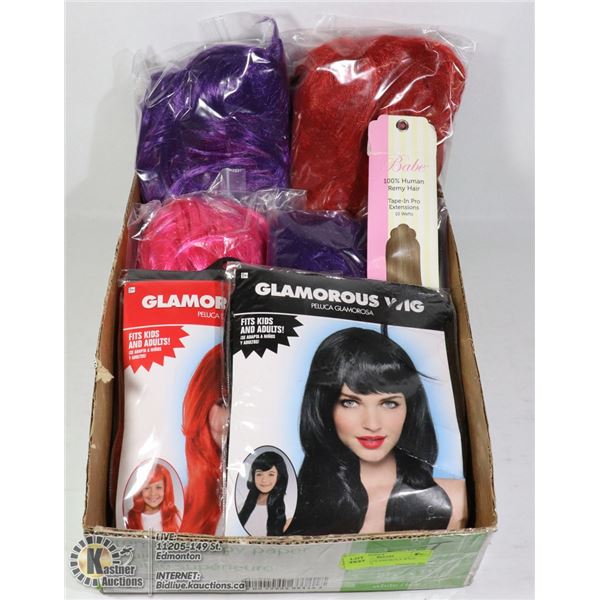 BOX WITH 6 GLAMOROUS WIGS - PURPLE, RED,