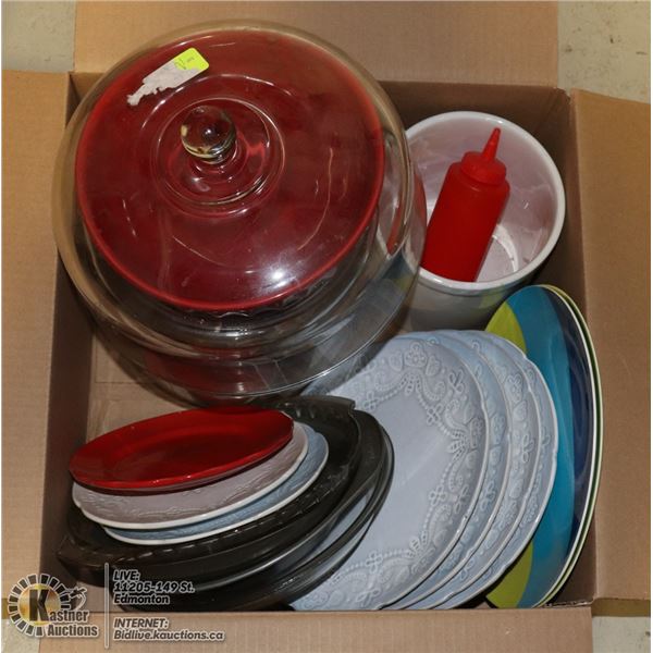 BOX OF ASSORTED DISHES AND HOME ITEMS
