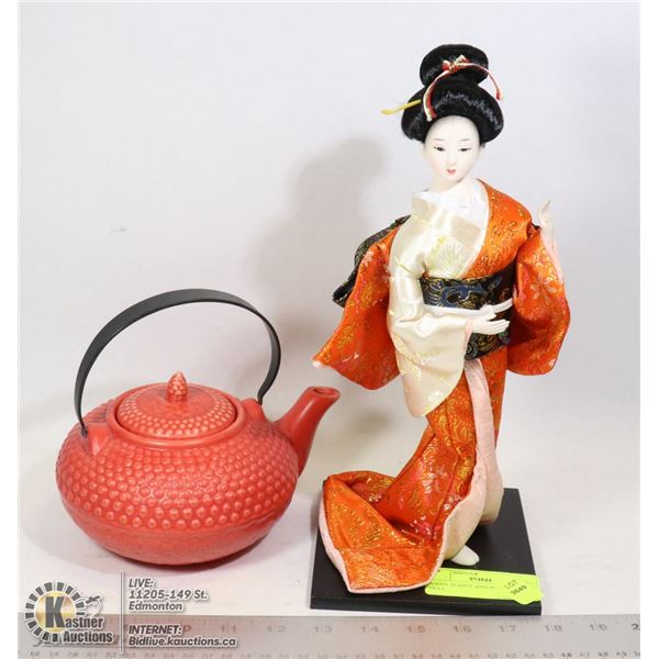 ASIAN TEAPOT AND PORCELAIN DOLL