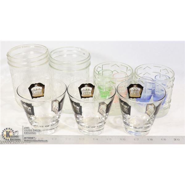 11 VARIOUS LIQUOR GLASSES,4 COLORED SHOOTER GLASS