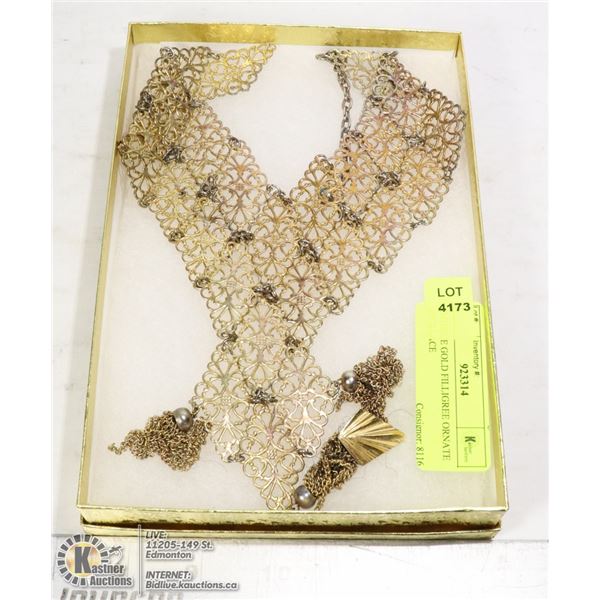 ANTIQUE GOLD TONE FILLIGREE ORNATE NECKLACE