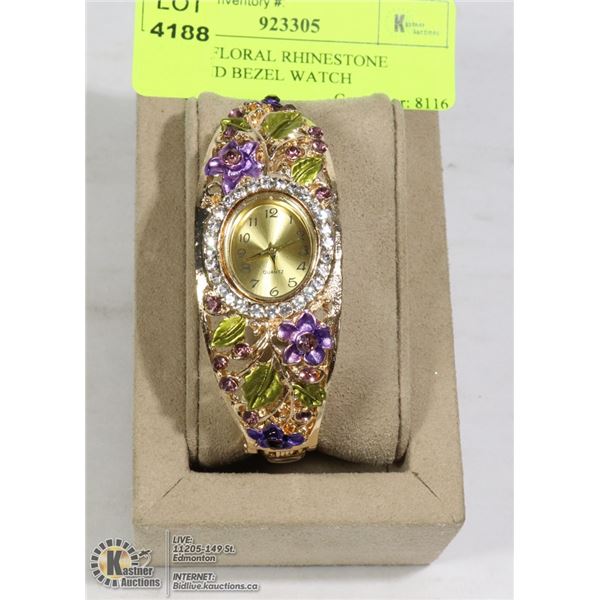 LADIES FLORAL RHINESTONE DIAMOND LOOK BEZEL WATCH