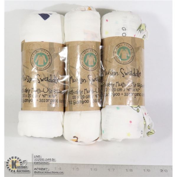 THREE MUSLIN SWADDLE BREATHABLE MULTI-USE BLANKETS