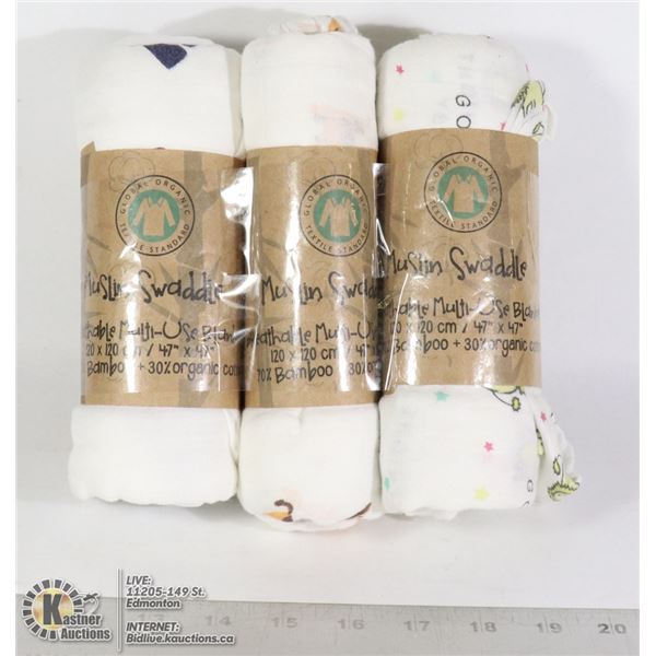 THREE MUSLIN SWADDLE BREATHABLE MULTI-USE BLANKETS