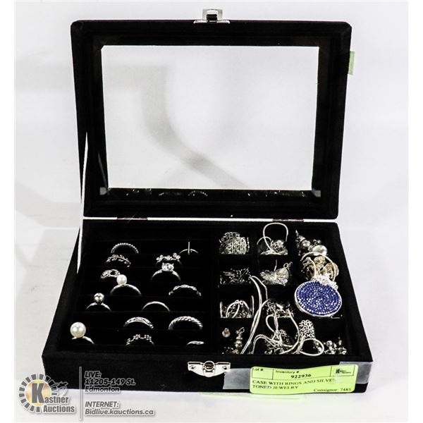 CASE WITH RINGS AND SILVER TONED JEWELRY
