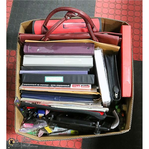 BOX OF OFFICE SUPPLIES, INCLUDES LEATHER