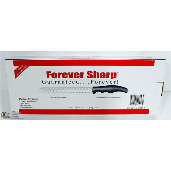 NEW FOREVER SHARP KNIFE SET- 3 LONG, 1 FILET,