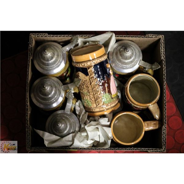 FLAT WITH 7 VINTAGE BEER STEINS
