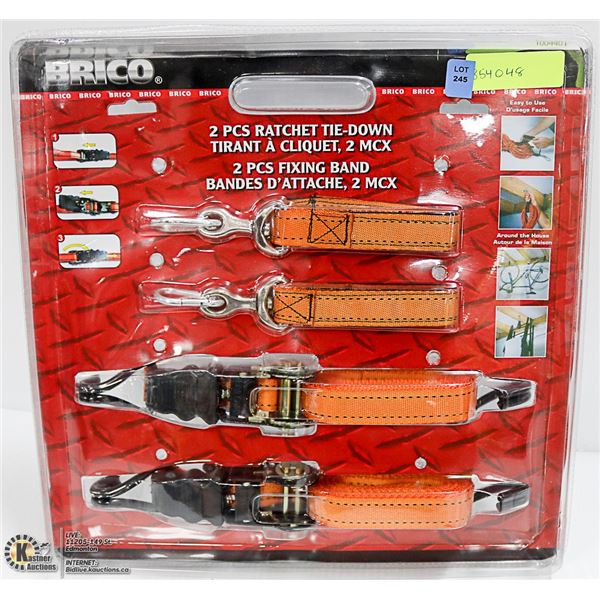NEW BRICO 4PC TIE DOWN SET 2 RATCHETING & 2 FIXING