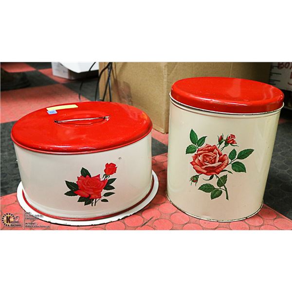 VINTAGE TIN ROSES CANISTER SET W/ CAKE CADDY